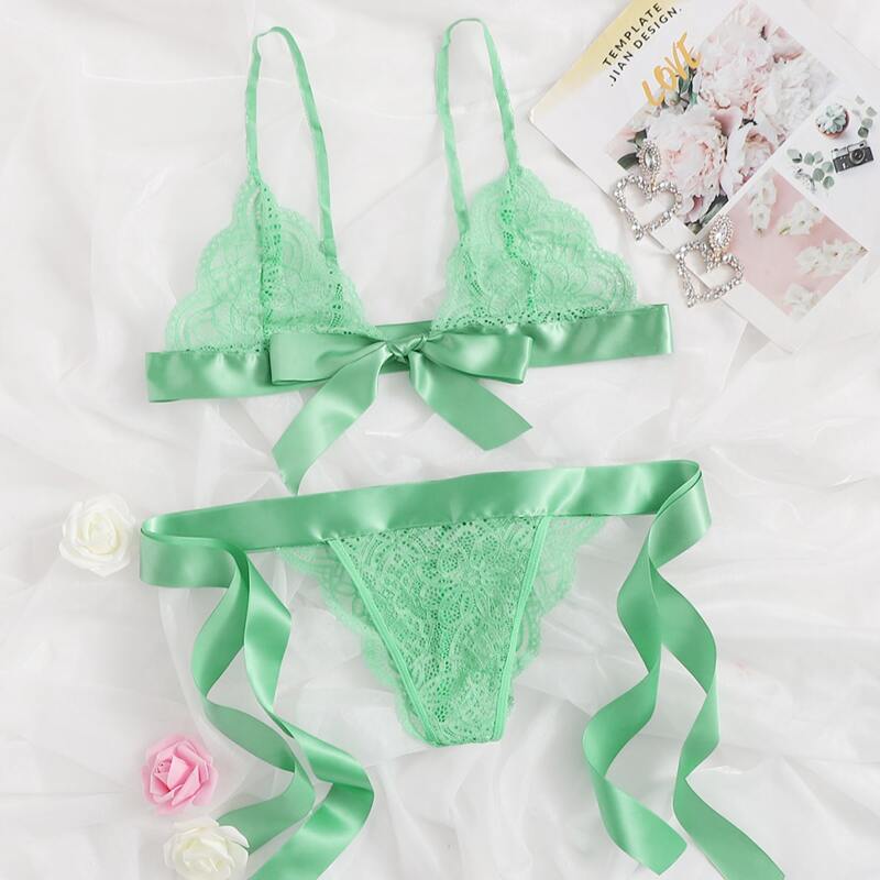 

Floral Lace Tie Side Lingerie Set, Mint green