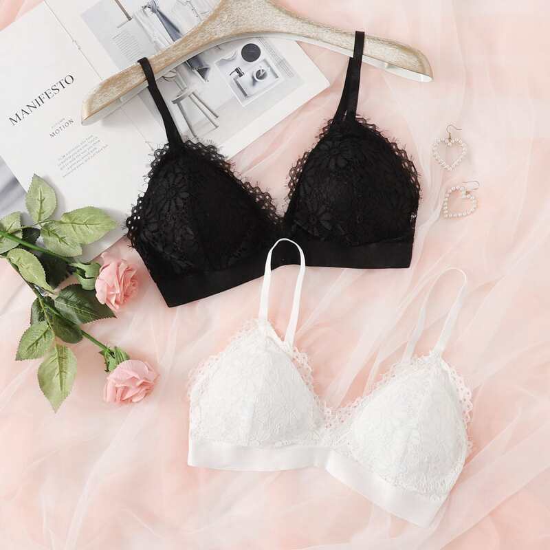 

2pack Floral Lace Triangle Bra Set, Black and white