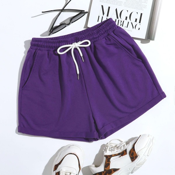 

Slant Pocket Drawstring Waist Track Shorts, Purple