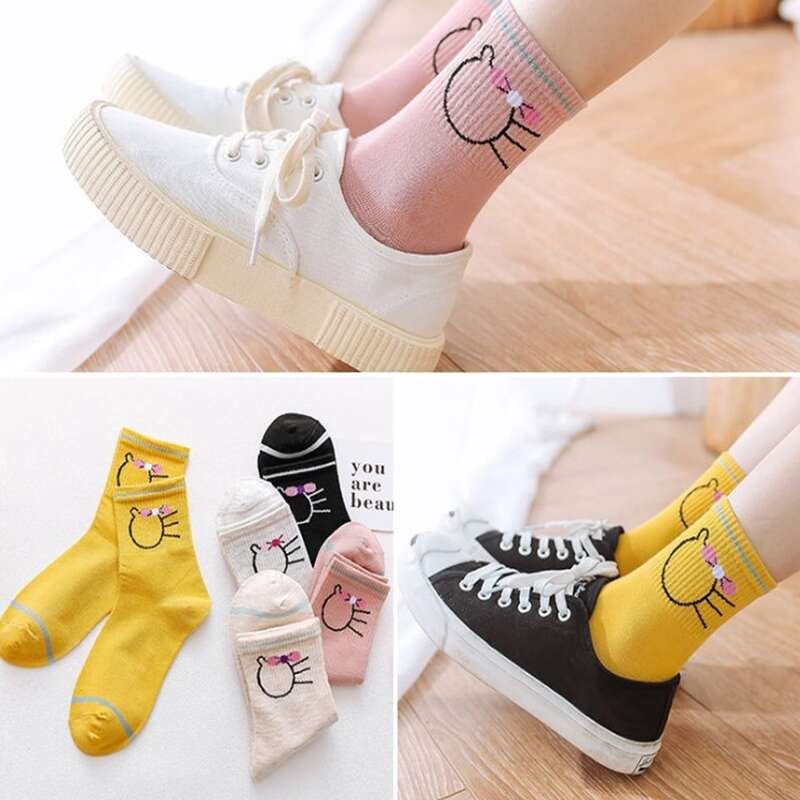 

5pairs Cat Print Crew Socks, Multicolor