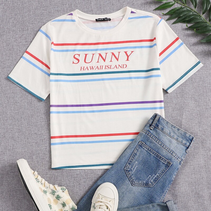 

Letter Graphic Striped Tee, Beige