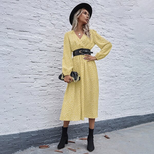 

Surplice Front Bishop Sleeve A-line Dress Without Belt, Yellow