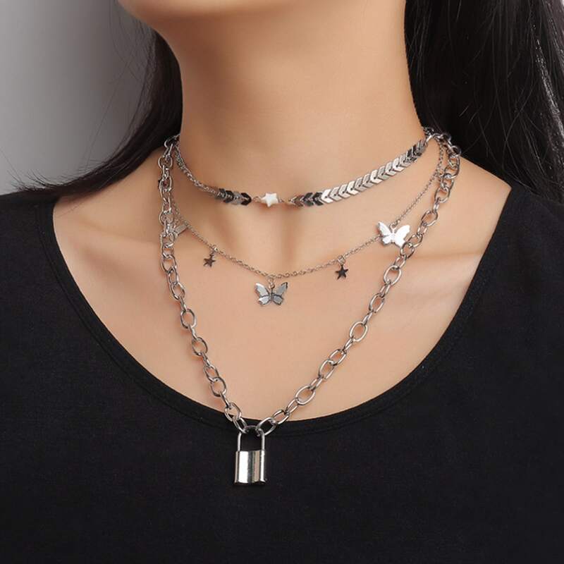 

3pcs Butterfly & Lock Chain Necklace, Silver