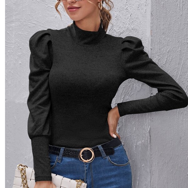 

Funnel Neck Leg-of-mutton Sleeve Top, Black