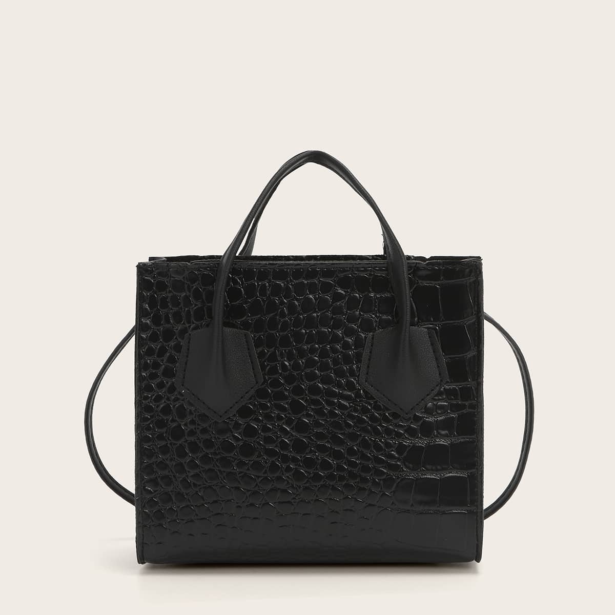 

Croc Embossed Satchel Bag, Black