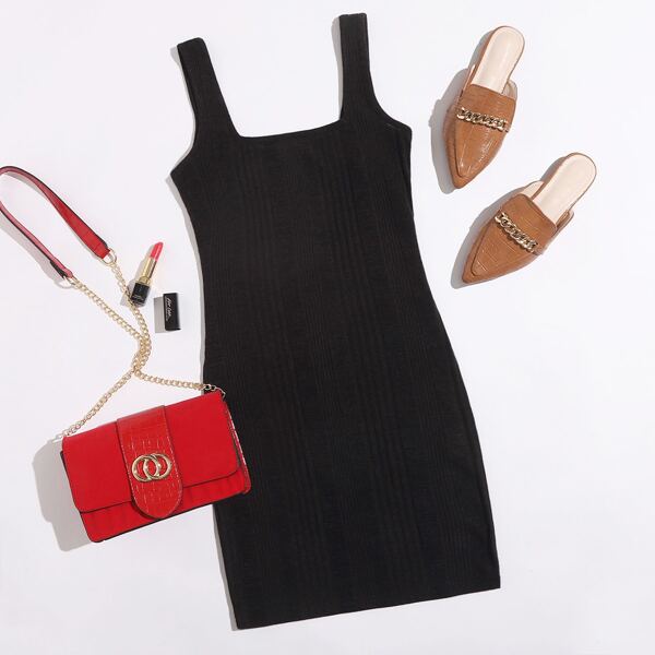 

Rib-knit Solid Dress, Black