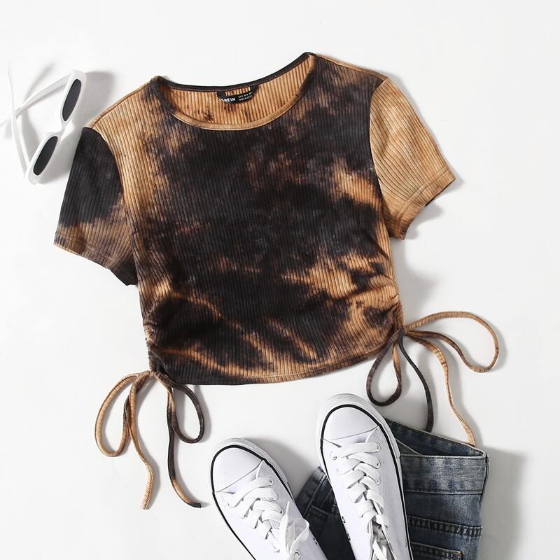 

Tie Dye Drawstring Side Rib Crop Tee, Multicolor