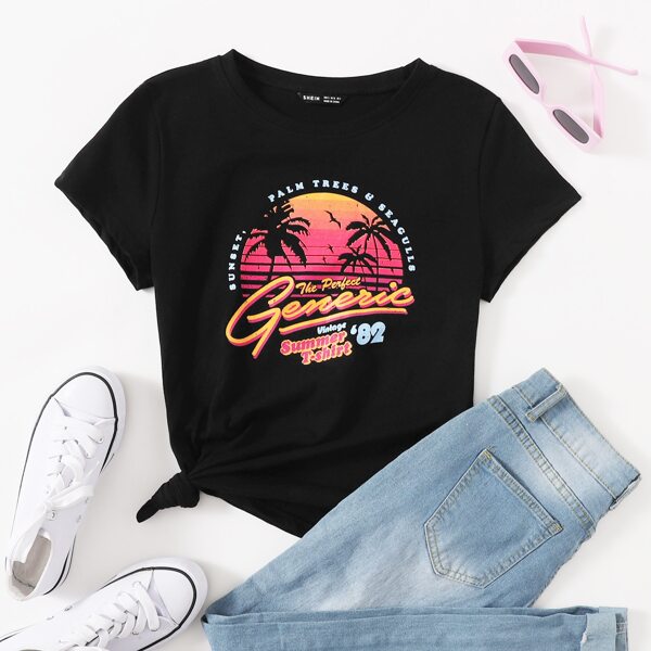 

Tropical And Letter Graphic Tee, Black
