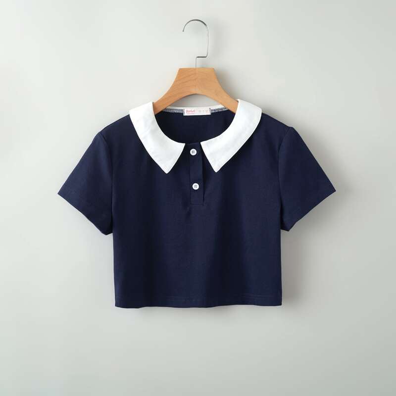 

Contrast Collar Button Crop Tee, Navy blue