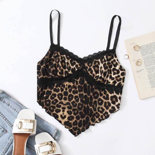 

Leopard Print Contrast Lace Hanky Hem Cami Top, Multicolor
