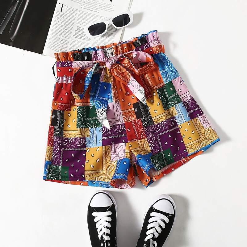 

Scarf Print Belted Shorts, Multicolor