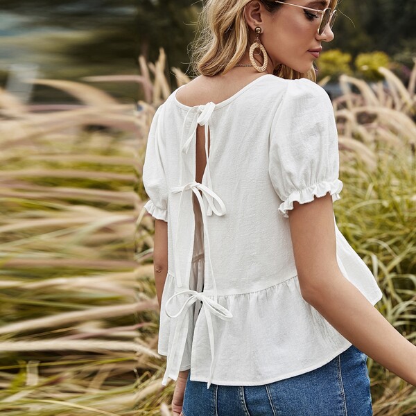 

Tie Back Ruffle Hem Frill Trim Blouse, White