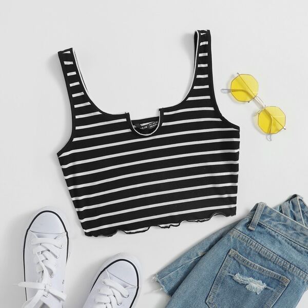 

Stripe Notched Neck Lettuce Trim Tank Top, Black and white