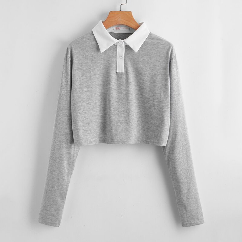 

Polo Neck Crop Tee, Grey