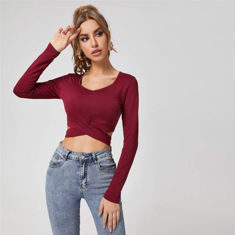 

Criss Cross Crop Slim Tee, Burgundy