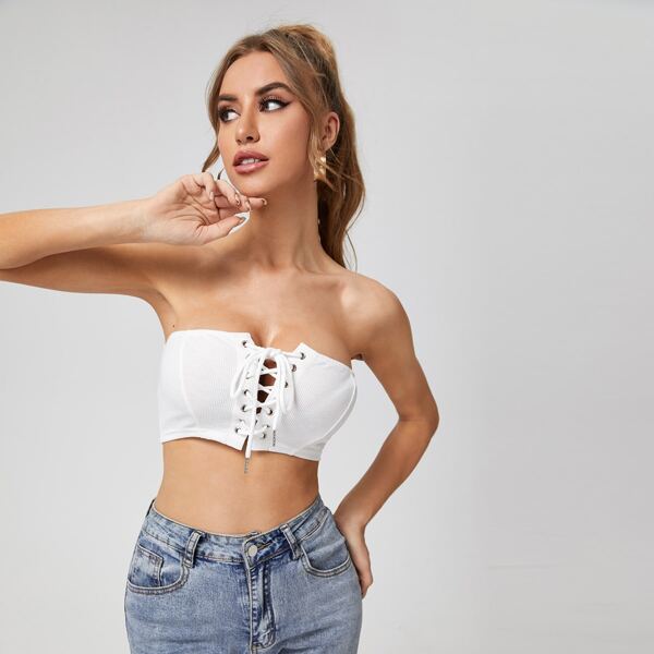 

Rib Lace Up Front Top, White