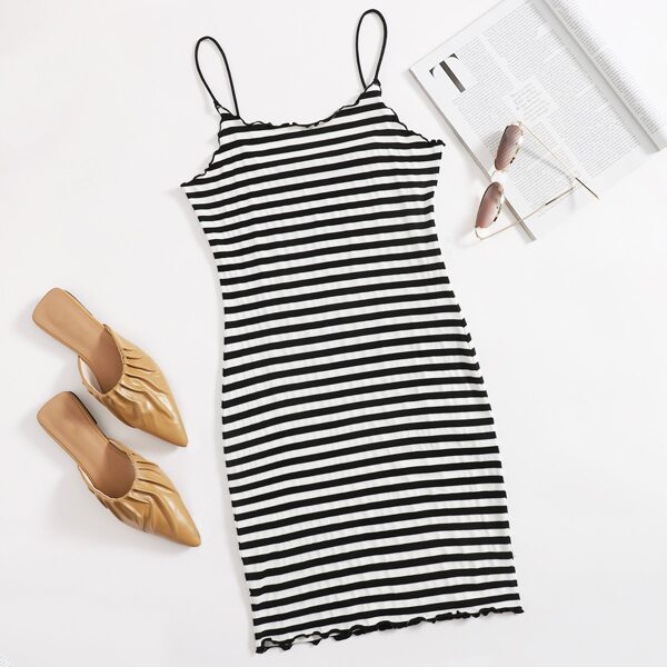 

Stripe Lettuce Trim Bodycon Dress, Black and white