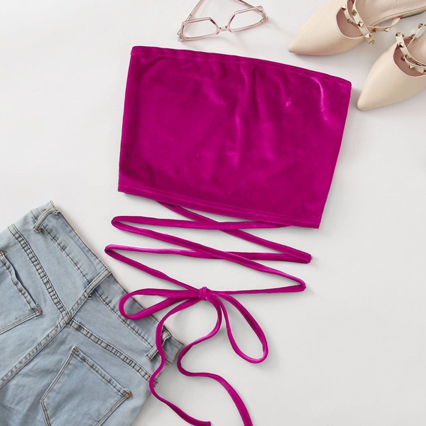 

Solid Velvet Knotted Tube Top, Hot pink