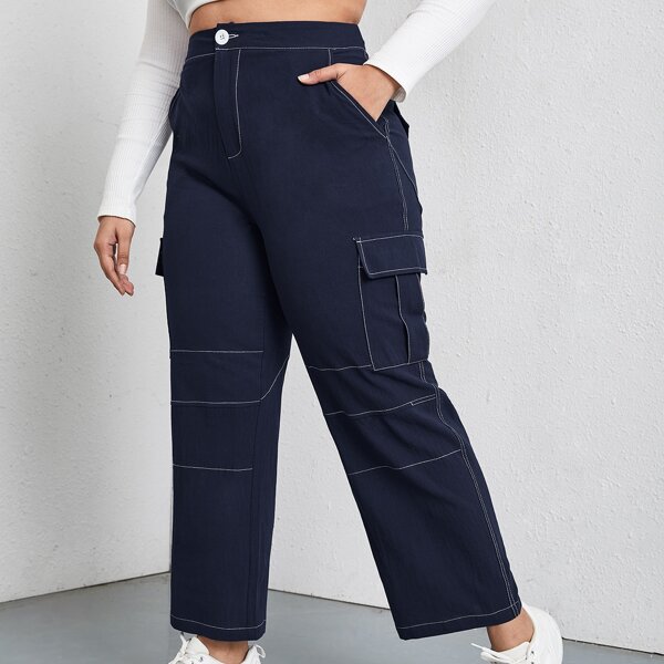 

Plus Topstitching Flap Pocket Cargo Pants, Navy blue