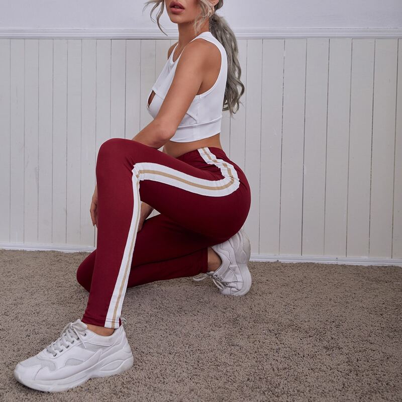 

Striped Side High Waist Leggings, Burgundy