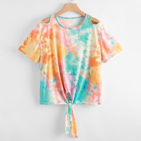 

Plus Cut Out Shoulder Tie Dye Knot Hem Tee, Multicolor
