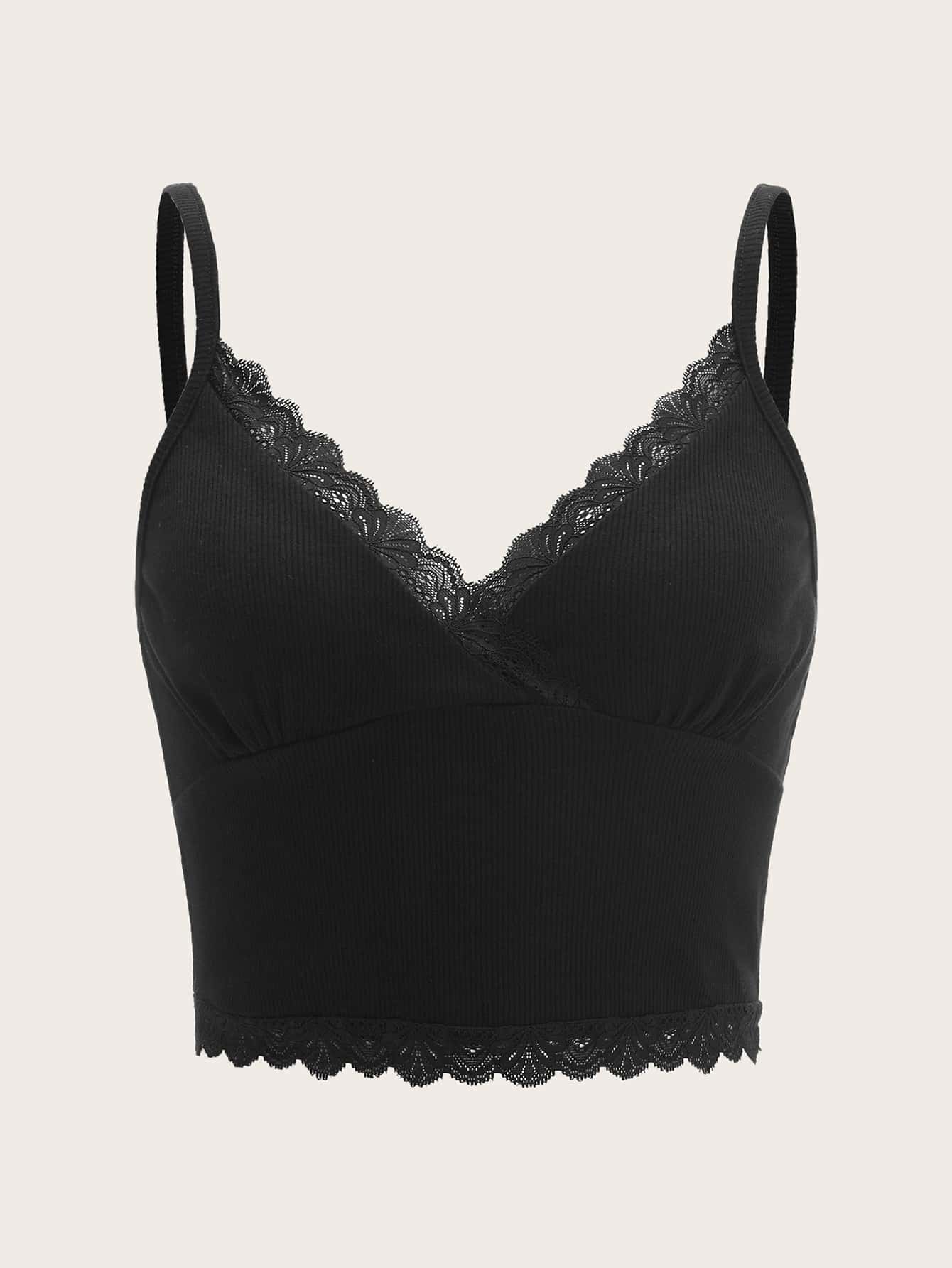 Muchica Balletcore Contrast Lace Crop Cami Top - Black - View 1