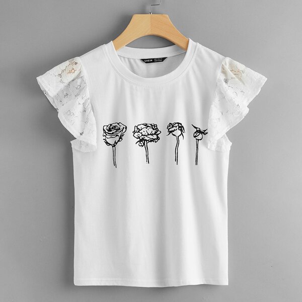 

Rose Print Lace Cuff Tee, White