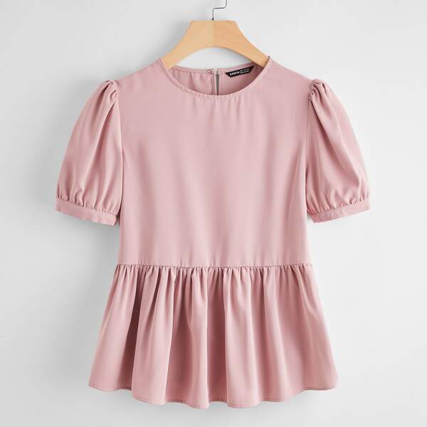 

Puff Sleeve Solid Peplum Blouse, Dusty pink