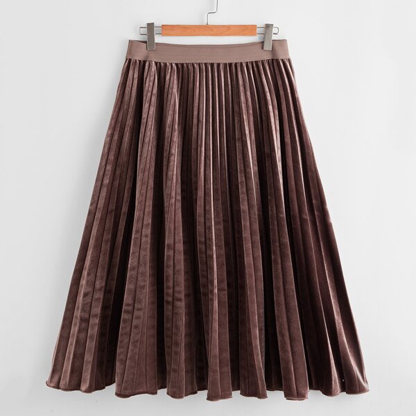 

Plus Elastic Waist Velvet Pleated Skirt, Coffee brown