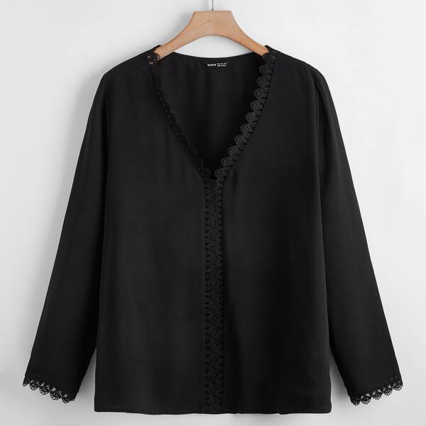 

Plus Guipure Lace Panel Solid Blouse, Black