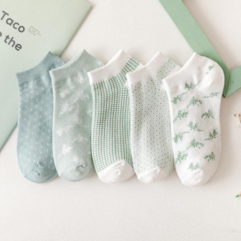 

5pairs Plaid & Leaf Ankle Socks, Green