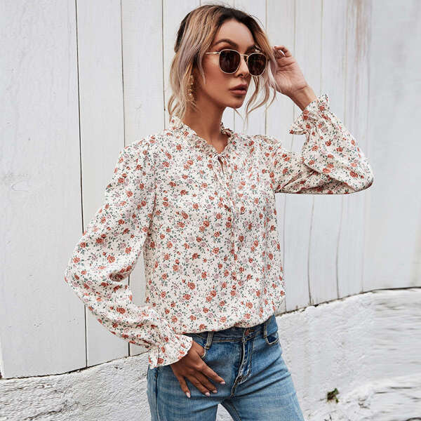 

Floral Print Tie Neck Flounce Sleeve Blouse, Multicolor