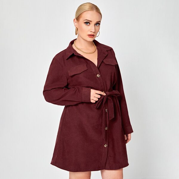 

Plus Solid Fake Pocket Belted Dress, Maroon