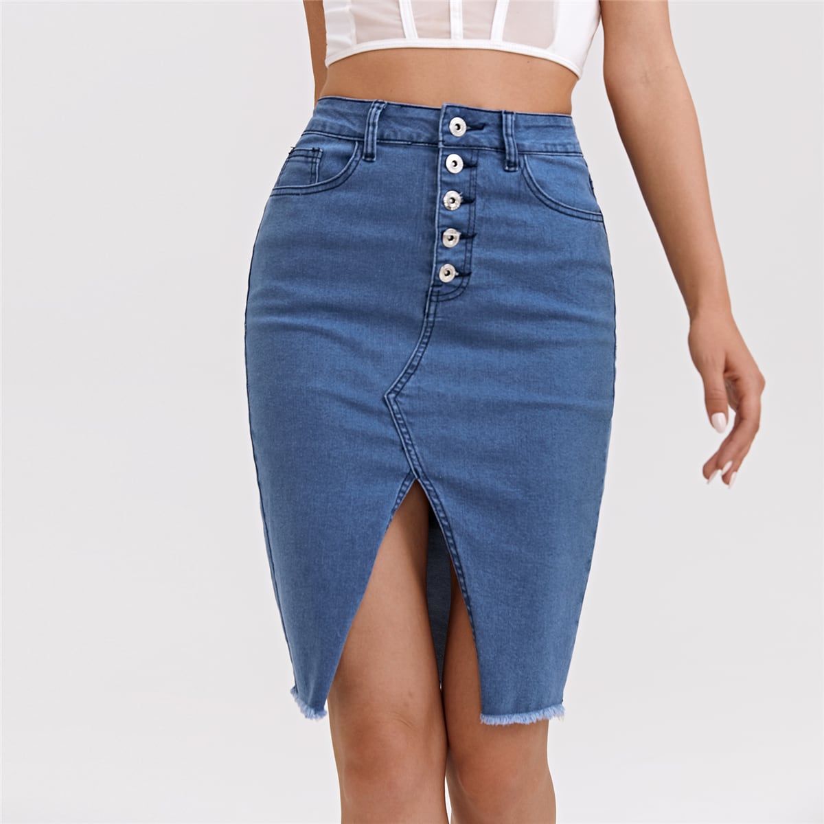 Image of Button Fly Split Hem Panel Denim Skirt