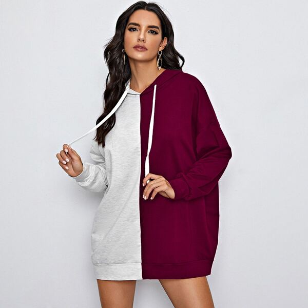 

Two Tone Drawstring Hooded Sweatshirt Dress, Multicolor