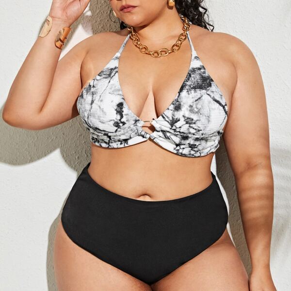 

Plus Marble Print Ring Linked Halter Bikini Swimsuit, Black and white