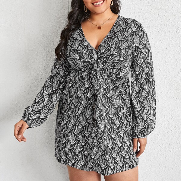 

Plus Plants Print Twist Front Dress, Black and white
