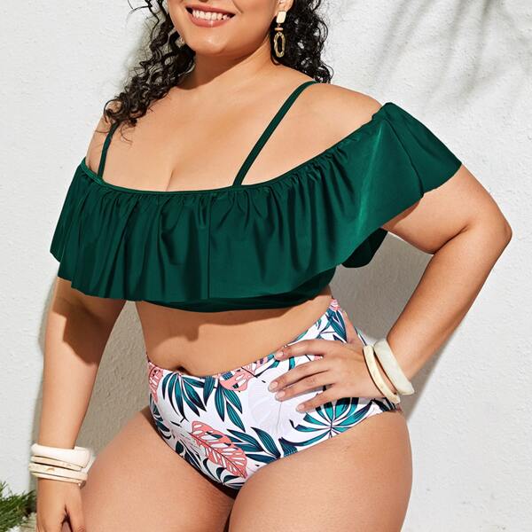 

Plus Tropical Flounce High Waisted Bikini Swimsuit, Multicolor