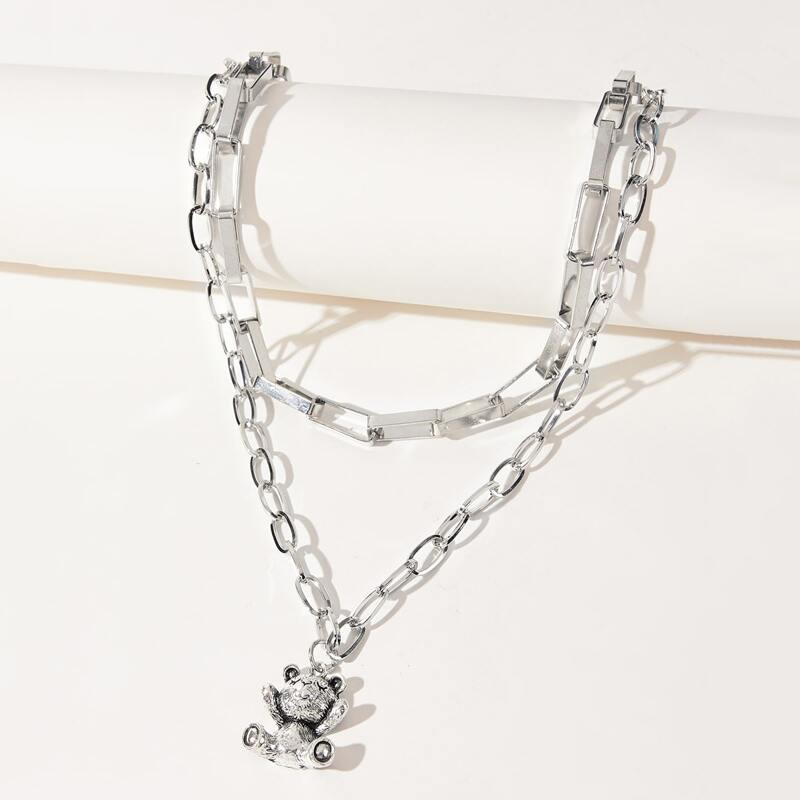 

Bear Pendant Layered Chain Necklace, Silver