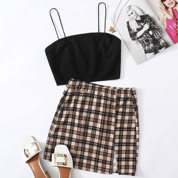 

Crop Cami Top & Slit Hem Tartan Skirt Set, Multicolor