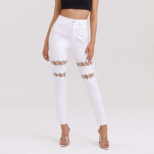

High Waisted Grommet Eyelet Lace-Up Skinny Jeans, White