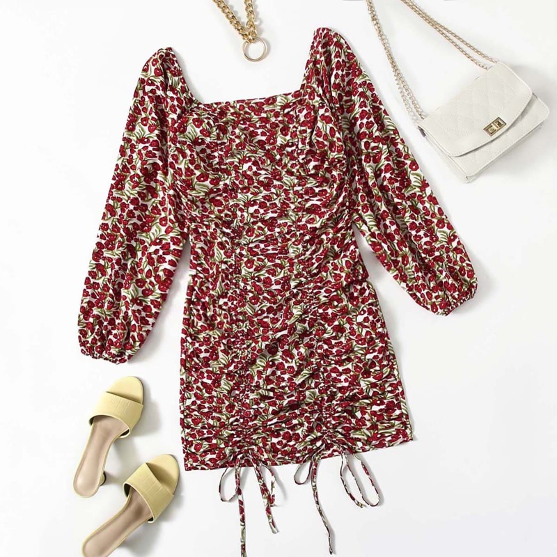 

Lantern Sleeve Ruched Drawstring Front Ditsy Floral Dress, Multicolor