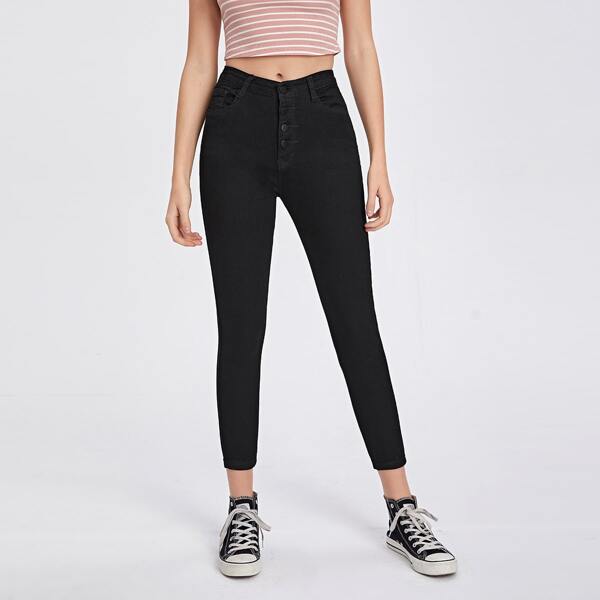 

Button Fly High Stretch Skinny Jeans, Black