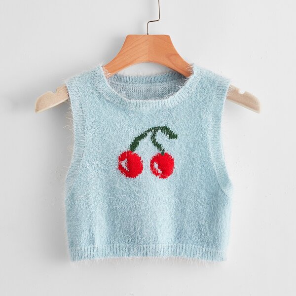 

Cherry Pattern Fuzzy Sweater Vest, Baby blue