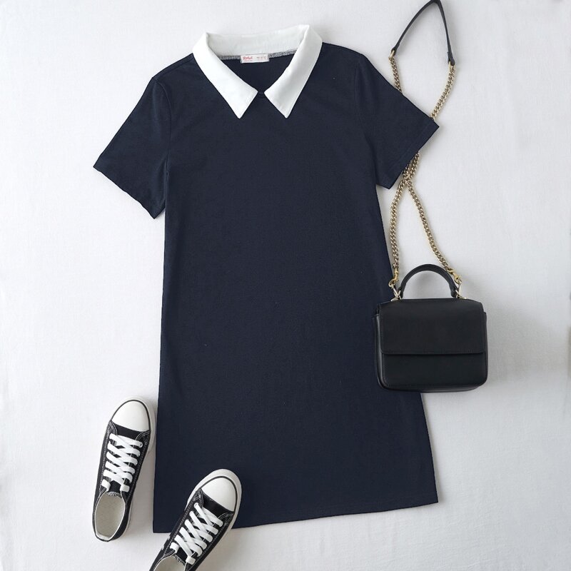 

Contrast Collar Tee Dress, Navy blue