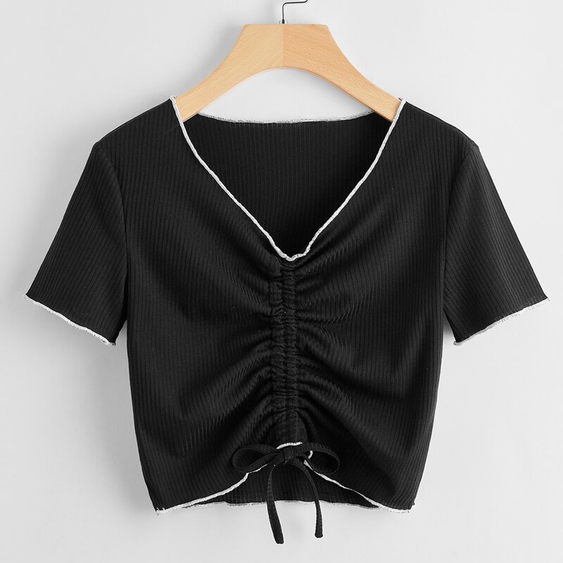 

Contrast Binding Ruched Ribbed Tee, Black
