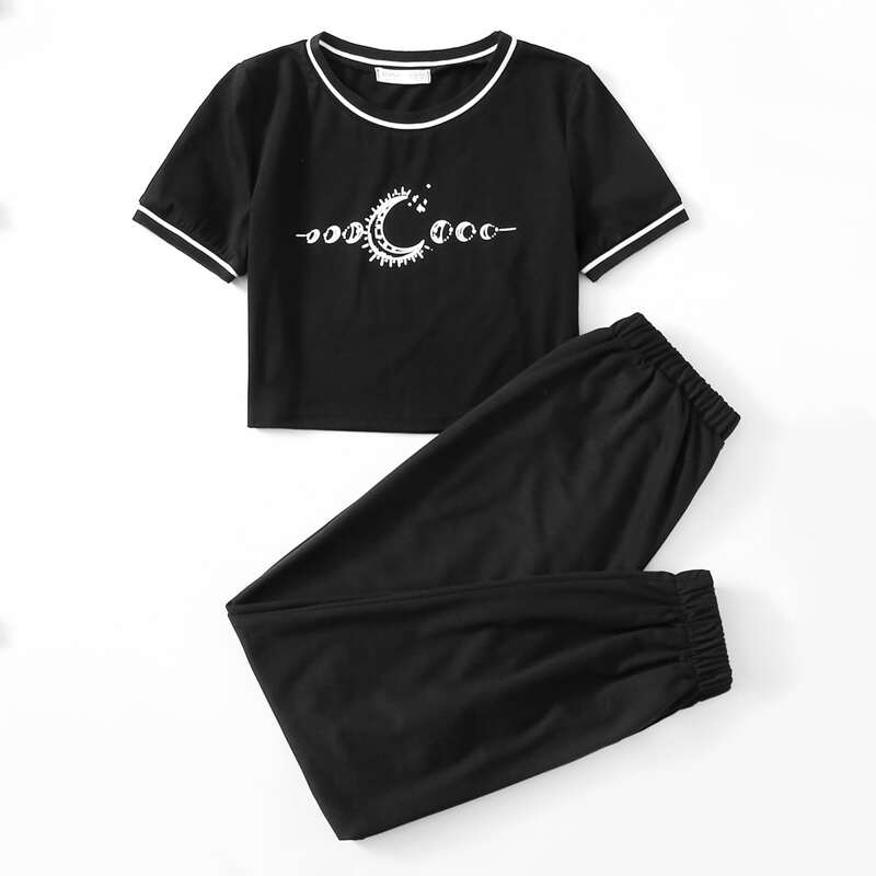 

Moon Graphic Crop Tee & Solid Sweatpants, Black