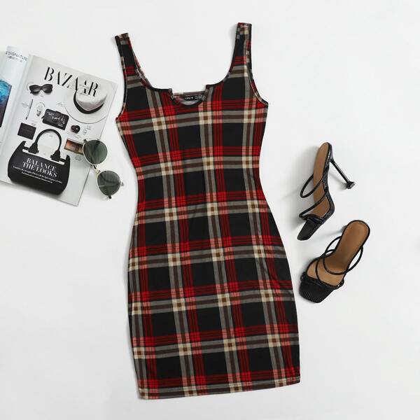 

Notched Collar Plaid Bodycon Dress, Multicolor