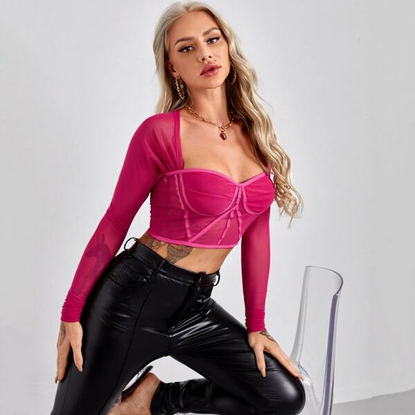 

Sweetheart Neck Sheer Bustier Crop Top, Hot pink