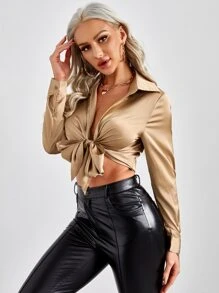 SHEIN Privé Tie Front Satin Top - Khaki - View 1